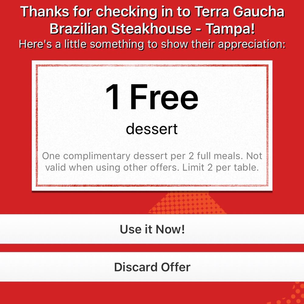 Terra Gaucha - Remember to check in on YELP to receive a free dessert offer! Yummm! - Brazilian Near Me - Tampa, Florida Terra Gaucha - Remember to check in on YELP to receive a free dessert offer! Yummm! - Brazilian Near Me - Tampa, Florida