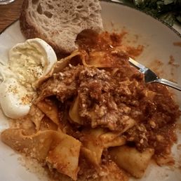 Pasta Bolognese with fresh mozzarella ball.