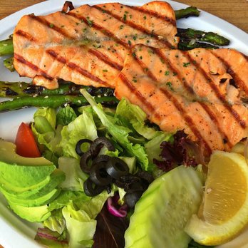 Fish Dish - Salmon Plate with side salad and grilled asparagus (NO SAUCES) plus AVOCADO - Seafood Near Me - Burbank, California Fish Dish - Salmon Plate with side salad and grilled asparagus (NO SAUCES) plus AVOCADO - Seafood Near Me - Burbank, California