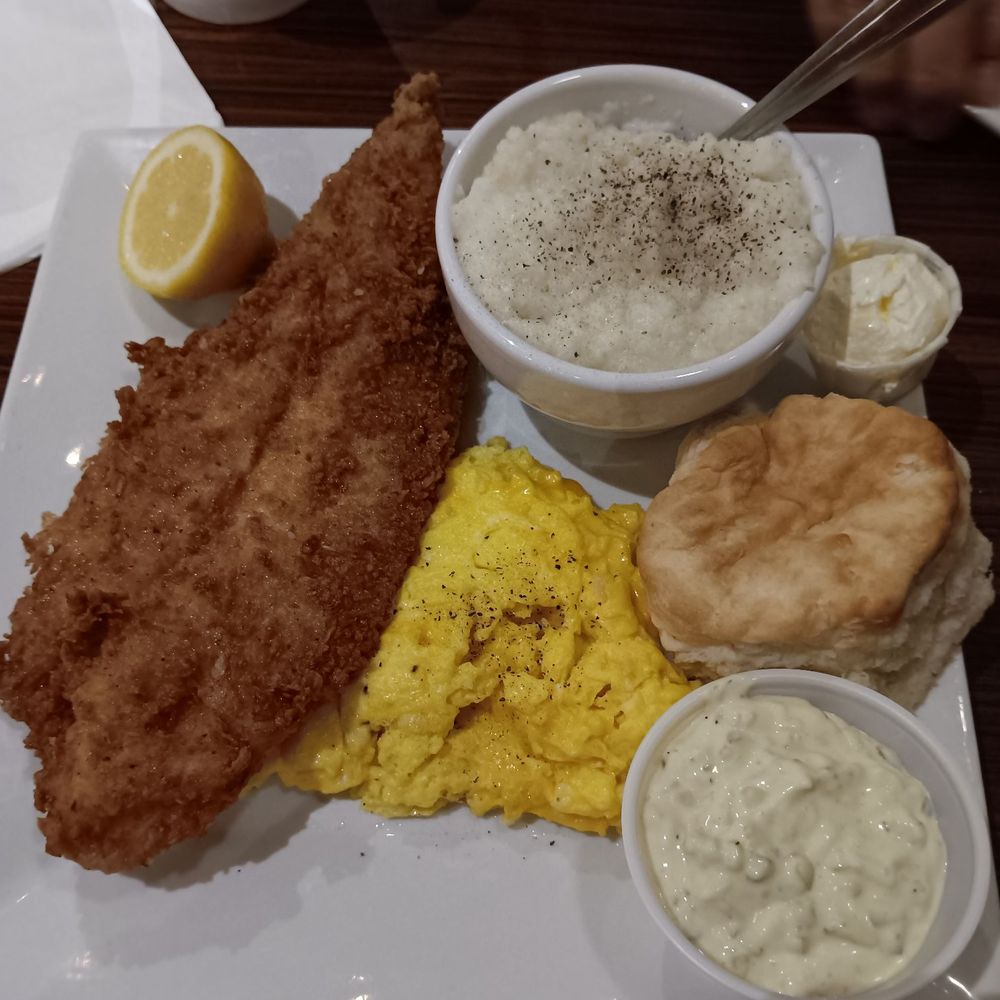 The Diner at Webb Gin - Catfish n eggs with grits and biscuits - Diners Near Me - Snellville, Georgia