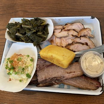 Rodney Scotts BBQ - Two meat combo plate with turkey, brisket, cornbread, potato salad, and collard greens - Barbeque Near Me - Homewood, Alabama