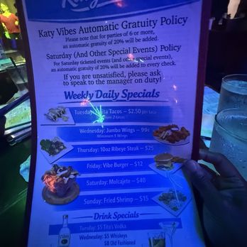 Katy Vibes - Specials. Sorry it was dark where we sat. - Music Venues Near Me - Katy, Texas