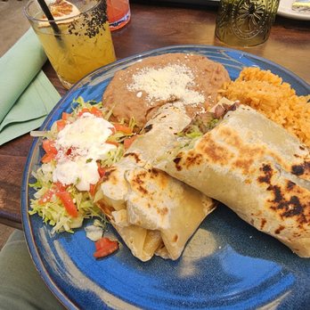 El Sueño - Pollo burrito, roasted corn salad and a strawberry and a mango marg. - Mexican Near Me - San Diego, California El Sueño - Pollo burrito, roasted corn salad and a strawberry and a mango marg. - Mexican Near Me - San Diego, California