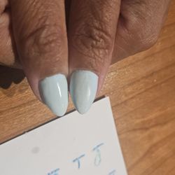 Botched polish, left thumb dull, tacky/sticky because it wasn't even fully dried because she was rushing to do someone's pedicure