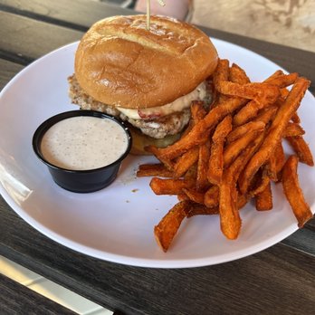 Bohemian Bull - That's My Jam Burger with ground chicken patty and incredible sweet potato fries. - American Near Me - Greenville, South Carolina Bohemian Bull - That's My Jam Burger with ground chicken patty and incredible sweet potato fries. - American Near Me - Greenville, South Carolina