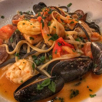 Farmer's Table - Black and white tagliolini with shellfish and white Sea bass bouillabaisse style. - New American Near Me - La Mesa, California Farmer's Table - Black and white tagliolini with shellfish and white Sea bass bouillabaisse style. - New American Near Me - La Mesa, California