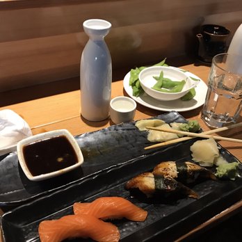 Oto Sushi - My favorites: Atlantic King Salmon, Unagi, ginger, wasabi, soy sauce, water and house hot sake. - Japanese Near Me - Redmond, Washington