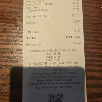 Smokey Bones Clearwater - This was our total. Totally not worth it. Could get better food and service at texas roadhouse - Barbeque Near Me - Clearwater, Florida