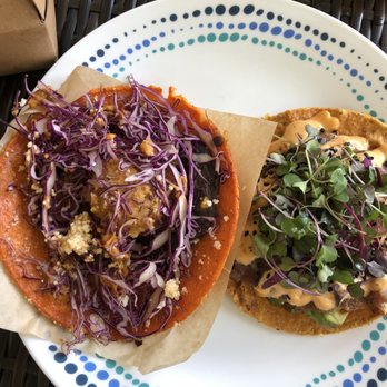 Nixta Taqueria - enchilada potosina taco (left) + tuna tostada (right) - Mexican Near Me - Austin, Texas Nixta Taqueria - enchilada potosina taco (left) + tuna tostada (right) - Mexican Near Me - Austin, Texas