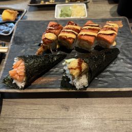 R18. Shrimp Tempura hand roll R2. Salmon (Raw) hand roll T13. Red Dragon Roll (Raw) R18. Shrimp Tempura hand roll R2. Salmon (Raw) hand roll T13. Red Dragon Roll (Raw)