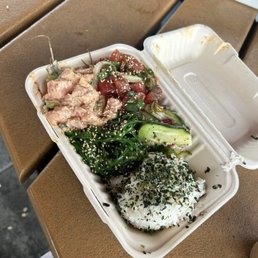 Shoyu Poke and Spicy Poke with Pickled Cucumbers and Seaweed Salad