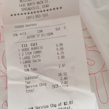 Joe Bandido's - 10% fee they didn't tell me out, they also accepted a tip. - Mexican Near Me - Springville, Utah