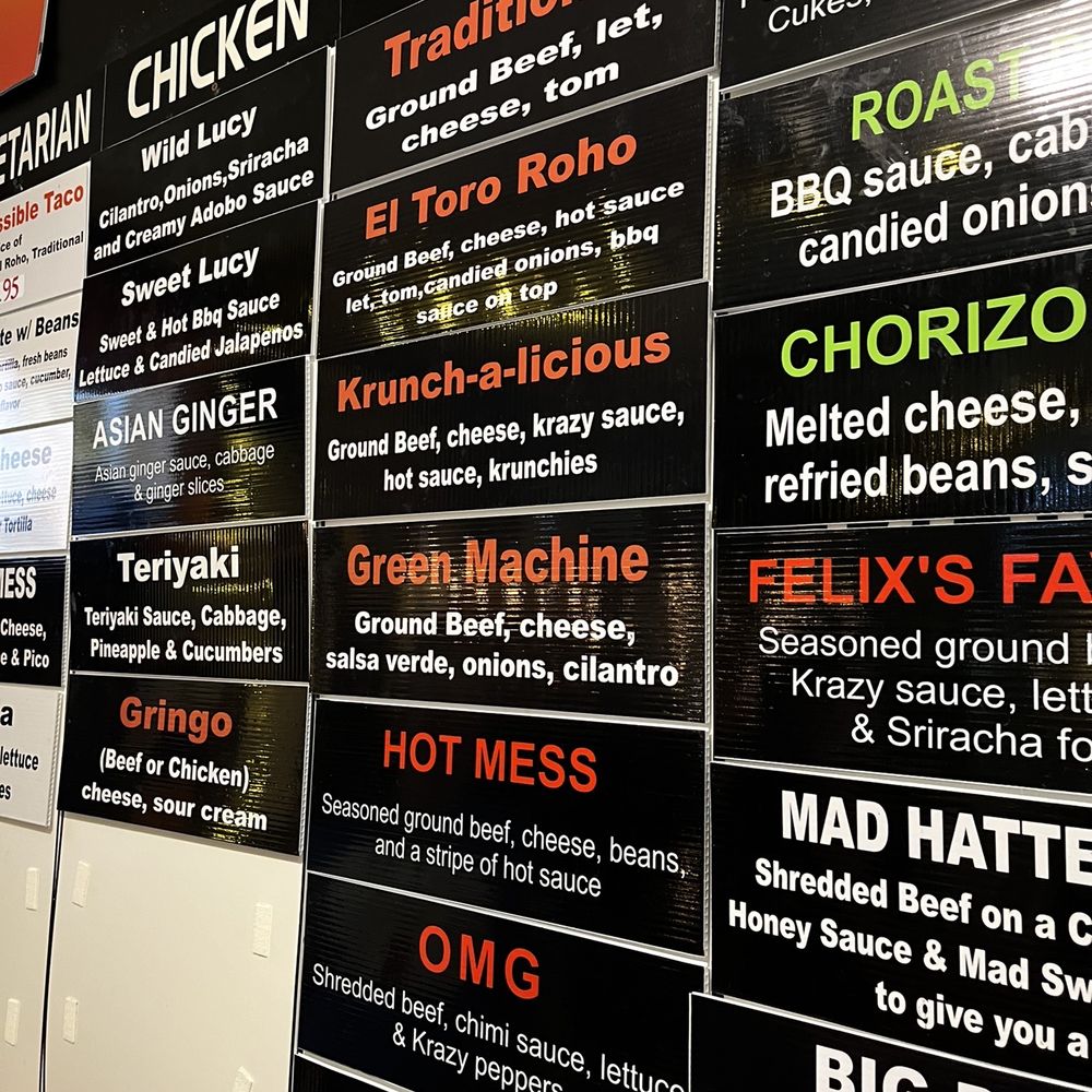 Menu! Beef options can be made vegan by subbing impossible and removing cheese.