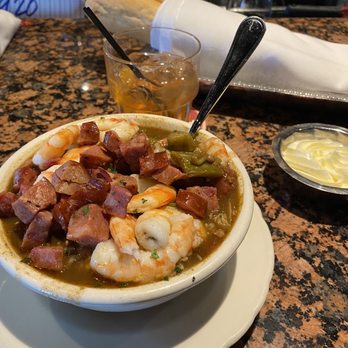 Pappadeaux Seafood Kitchen - Bowl of Seafood Gumbo with Shrimp and Andouille Sausage, side of bread. Drink, Old Fashioned made with Buffalo Trace Boubon. - Seafood Near Me - Arlington, Texas Pappadeaux Seafood Kitchen - Bowl of Seafood Gumbo with Shrimp and Andouille Sausage, side of bread. Drink, Old Fashioned made with Buffalo Trace Boubon. - Seafood Near Me - Arlington, Texas