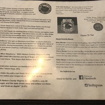 Blue Toad Hard Cider - Cider flight menu listed in the recommended drinking order - Cideries Near Me - Roseland, Virginia Blue Toad Hard Cider - Cider flight menu listed in the recommended drinking order - Cideries Near Me - Roseland, Virginia