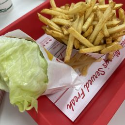 Hamburger protein style and a large fry Hamburger protein style and a large fry