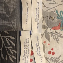 Not sure if you can see those. If not, this will be a Fortune Cookie Mystery. Btw, not my tablecloth. Not sure if you can see those. If not, this will be a Fortune Cookie Mystery. Btw, not my tablecloth.