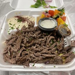 Lamb and Beef Shawarma Over Rice Plate Lamb and Beef Shawarma Over Rice Plate