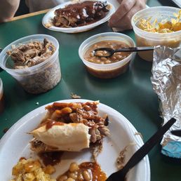 Quart of pork,  Mac and cheese,  ribs and baked beans