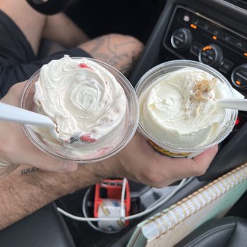 Andy's Frozen Custard - Both are create your own. (Left) is strawberry with oreos (Right) cheesecake with waffle cone pieces - Ice Cream & Frozen Yogurt Near Me - Frisco, Texas Andy's Frozen Custard - Both are create your own. (Left) is strawberry with oreos (Right) cheesecake with waffle cone pieces - Ice Cream & Frozen Yogurt Near Me - Frisco, Texas