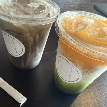 Cafe Hana - hojicha and peach matcha - Coffee & Tea Near Me - Irving, Texas
