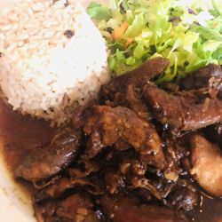 Rocksteady Jamaican Bistro - Brown stew chicken with rice and peas and salad