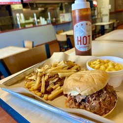Baby Back Blues BBQ - Pulled pork sandwich, Mac n cheese and fresh cut fries.  The food was pretty good, the BBQ sauce made the sandwich better.