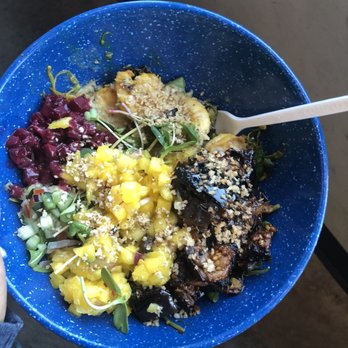 RASA - Custom bowl with shrimp, greens, beets, cucumber raita, mango salsa, dehydrated bitter melon, grilled eggplant, and coconut ginger sauce - Indian Near Me - Washington, DC, District of Columbia