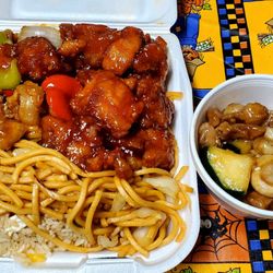 Nice Food Restaurant - Three Item Combo Half Half Fried Rice, Noodles, Chicken and Veg, Orange Chicken and Mushroom Chicken