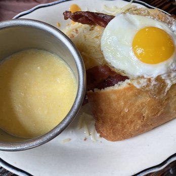 Jacob's Pickles - Bacon, Egg and Cheese Biscuit with Cheese Grits - Comfort Food Near Me - New York, New York Jacob's Pickles - Bacon, Egg and Cheese Biscuit with Cheese Grits - Comfort Food Near Me - New York, New York