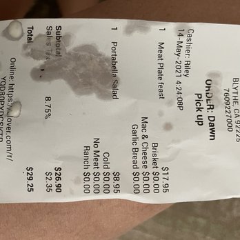 Rebel BBQ - Receipt showing cashier and a ranch, no house dressing and no bbq sauce - Barbeque Near Me - Blythe, California Rebel BBQ - Receipt showing cashier and a ranch, no house dressing and no bbq sauce - Barbeque Near Me - Blythe, California