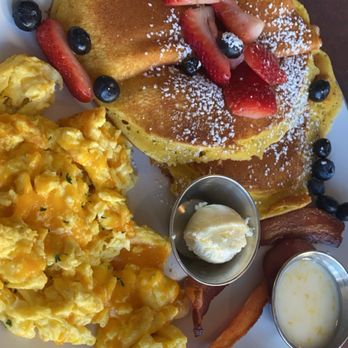 The Breakfast Bar - Lemon Cakes Combo smother the cakes in the frosting- yum! Cheese extra on eggs - Breakfast & Brunch Near Me - Long Beach, California