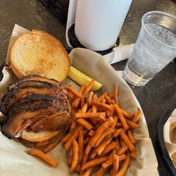 Brisket sandwich and sweet potato fries