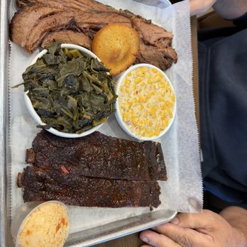 His Place Eatery - North - Chef 2J's combo with ribs and brisket, collard greens and creamed corn. Sweet potato butter for the muffins. Absolutely incredible! - Soul Food Near Me - Indianapolis, Indiana