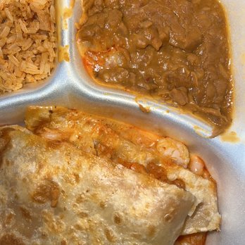Don Taco - a plate of food with rice, beans, and a burrito - Mexican Near Me - Fort Worth, Texas