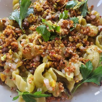 Nancy's Hustle - Conchiglie pasta with oloroso cream sauce, grilled mortadella and pistachio gremolata - New American Near Me - Houston, Texas Nancy's Hustle - Conchiglie pasta with oloroso cream sauce, grilled mortadella and pistachio gremolata - New American Near Me - Houston, Texas