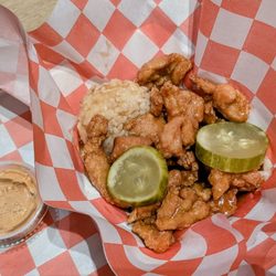 Hangry Joe’s Hot Chicken & Wings - Korean chicken nuggets with spicy soy garlic sauce with a side of rice