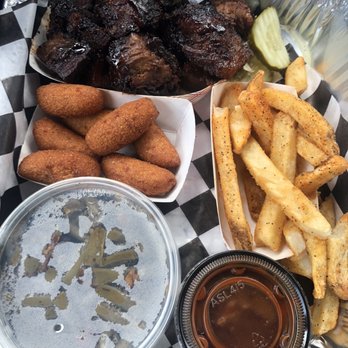The Smoke Pit - Burnt brisket ends, hush puppies, fries, green beans w brisket and bbq sauce. Delicious! - Barbeque Near Me - Gastonia, North Carolina The Smoke Pit - Burnt brisket ends, hush puppies, fries, green beans w brisket and bbq sauce. Delicious! - Barbeque Near Me - Gastonia, North Carolina