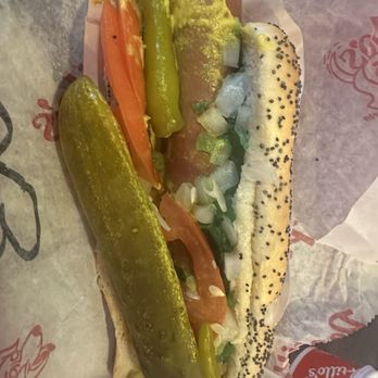 Portillo's Peoria - Large Chicago dog with sports peppers, tomato and onion and hold the celery salt. - Hot Dogs Near Me - Peoria, Illinois Portillo's Peoria - Large Chicago dog with sports peppers, tomato and onion and hold the celery salt. - Hot Dogs Near Me - Peoria, Illinois