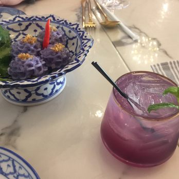 Kin Dee - Thai flower dumplings and the purple rain cocktail. Loved both! - Thai Near Me - Houston, Texas Kin Dee - Thai flower dumplings and the purple rain cocktail. Loved both! - Thai Near Me - Houston, Texas