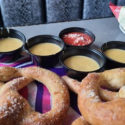 Pretzels with beer batter cheese that they over charge for then don't even fill up