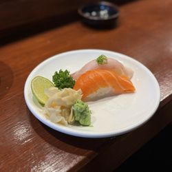 Hikaru Sushi - Nigiris - Hamachi (back) and sake (front)