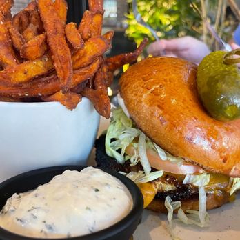 Moxies - Blackened chicken burger with sweet potato fries - Cocktail Bars Near Me - Dallas, Texas Moxies - Blackened chicken burger with sweet potato fries - Cocktail Bars Near Me - Dallas, Texas