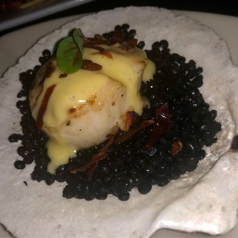 Peter's Inn - One Bite Scallop with Orange Hollandaise, Lentils and Speck - New American Near Me - Baltimore, Maryland
