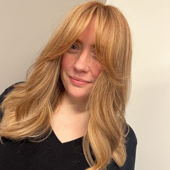 Beautified Suite - Strawberry Blonde w/ curtain bangs! Done by stylist-Britt - Hair Salons Near Me - New York, New York Beautified Suite - Strawberry Blonde w/ curtain bangs! Done by stylist-Britt - Hair Salons Near Me - New York, New York