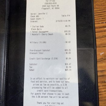 Fat Olives - Beware cash buyers, the try to sneak a credit card surcharge on your bill, what a turn off - Pizza Near Me - Flagstaff, Arizona Fat Olives - Beware cash buyers, the try to sneak a credit card surcharge on your bill, what a turn off - Pizza Near Me - Flagstaff, Arizona
