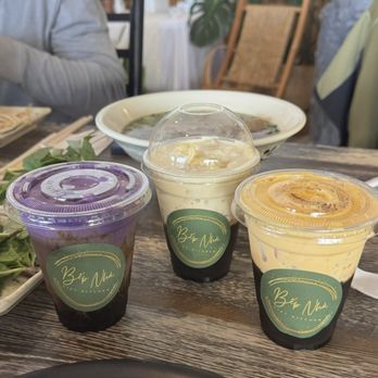 Bep Nha - Viet Kitchen - Ube coffee (left), durian coffee with coconut foam (middle), burnt egg coffee (right) - Vietnamese Near Me - Dallas, Texas