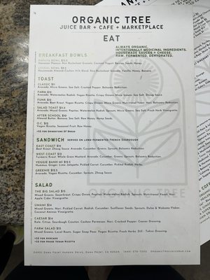 Menu photo 2 Organic Tree Juice Bar Dana Point, CA