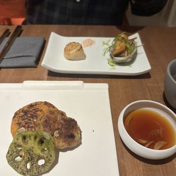 Onggi - Samsaek Jeon (bottom - kimchi, pork, and lotus root) and Jeju abalone (top - comes with a scallop too). - Korean Near Me - Washington, DC, District of Columbia Onggi - Samsaek Jeon (bottom - kimchi, pork, and lotus root) and Jeju abalone (top - comes with a scallop too). - Korean Near Me - Washington, DC, District of Columbia