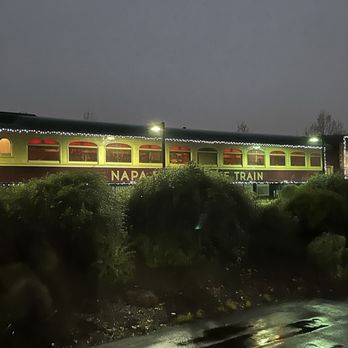 Napa Valley Wine Train - View at night before Santa Train ride - New American Near Me - Napa, California Napa Valley Wine Train - View at night before Santa Train ride - New American Near Me - Napa, California
